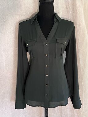 Express Dark Green Button-Front Utility Shirt